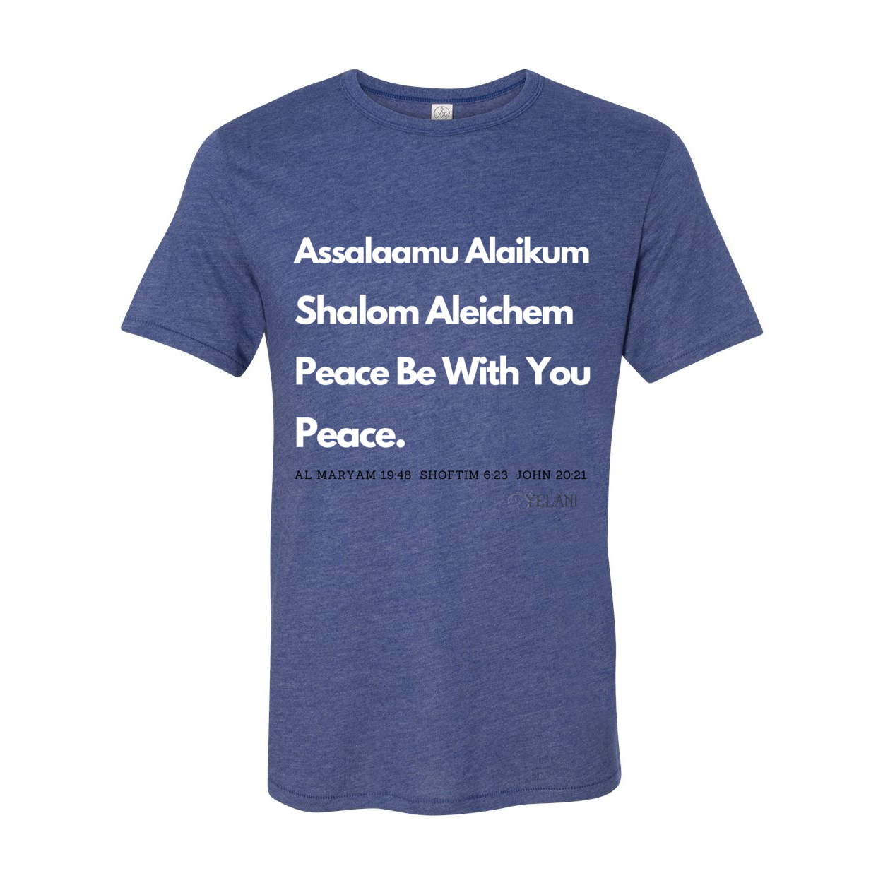 Peace & Blessings Men’s T-Shirt featuring 'Assalaamu Alaikum,' 'Shalom Aleichem,' and 'Peace Be With You' in Arabic, Hebrew, and English.