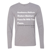 Thumbnail for Embrace peace and unity with the 'Assalaamu Alaikum Shalom Aleichem Peace Be With You' long sleeve t-shirt. This red men's tee features a meaningful design that combines greetings in Arabic, Hebrew, and English, celebrating cultural diversity and harmony. Made from high-quality fabric, it offers comfort and style for everyday wear. Perfect for those who appreciate peace, faith, and inclusivity, this shirt makes a powerful statement and a thoughtful gift for friends and family.