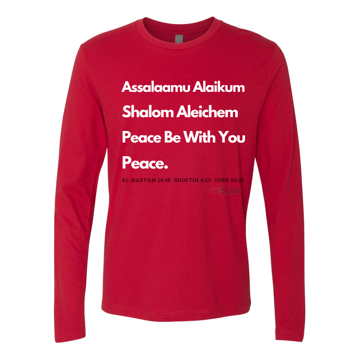 Embrace peace and unity with the 'Assalaamu Alaikum Shalom Aleichem Peace Be With You' long sleeve t-shirt. This red men's tee features a meaningful design that combines greetings in Arabic, Hebrew, and English, celebrating cultural diversity and harmony. Made from high-quality fabric, it offers comfort and style for everyday wear. Perfect for those who appreciate peace, faith, and inclusivity, this shirt makes a powerful statement and a thoughtful gift for friends and family.