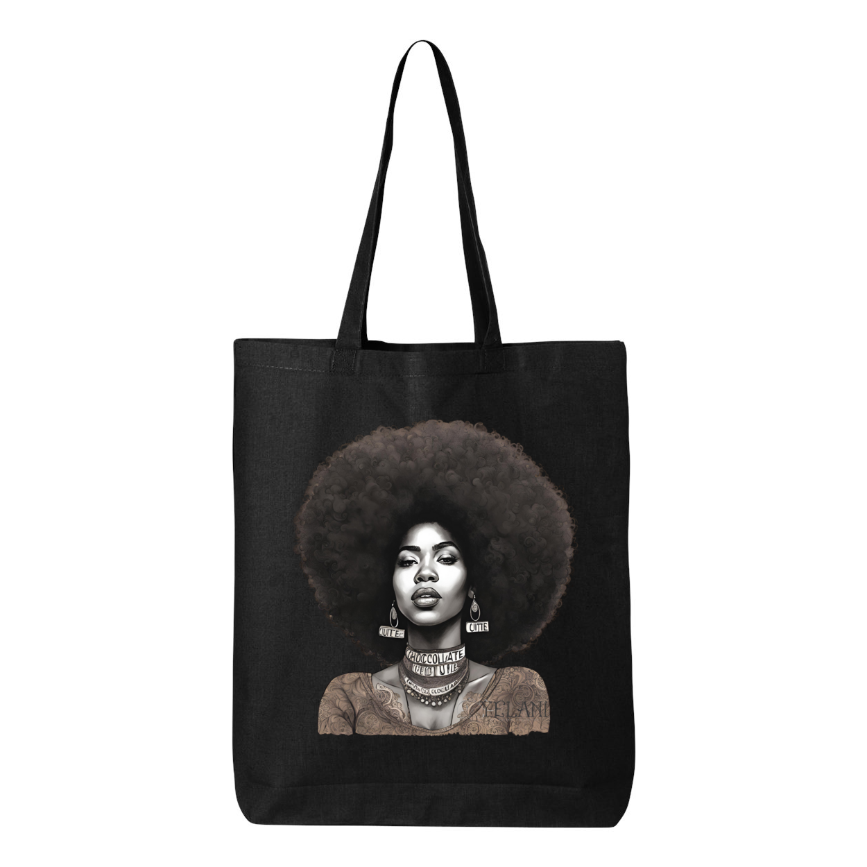 Tote bag with a confident, beautiful woman with an afro on one side and the word 'Peace' on the other, symbolizing empowerment and harmony