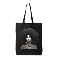 Thumbnail for Tote bag with a confident, beautiful woman with an afro on one side and the word 'Peace' on the other, symbolizing empowerment and harmony