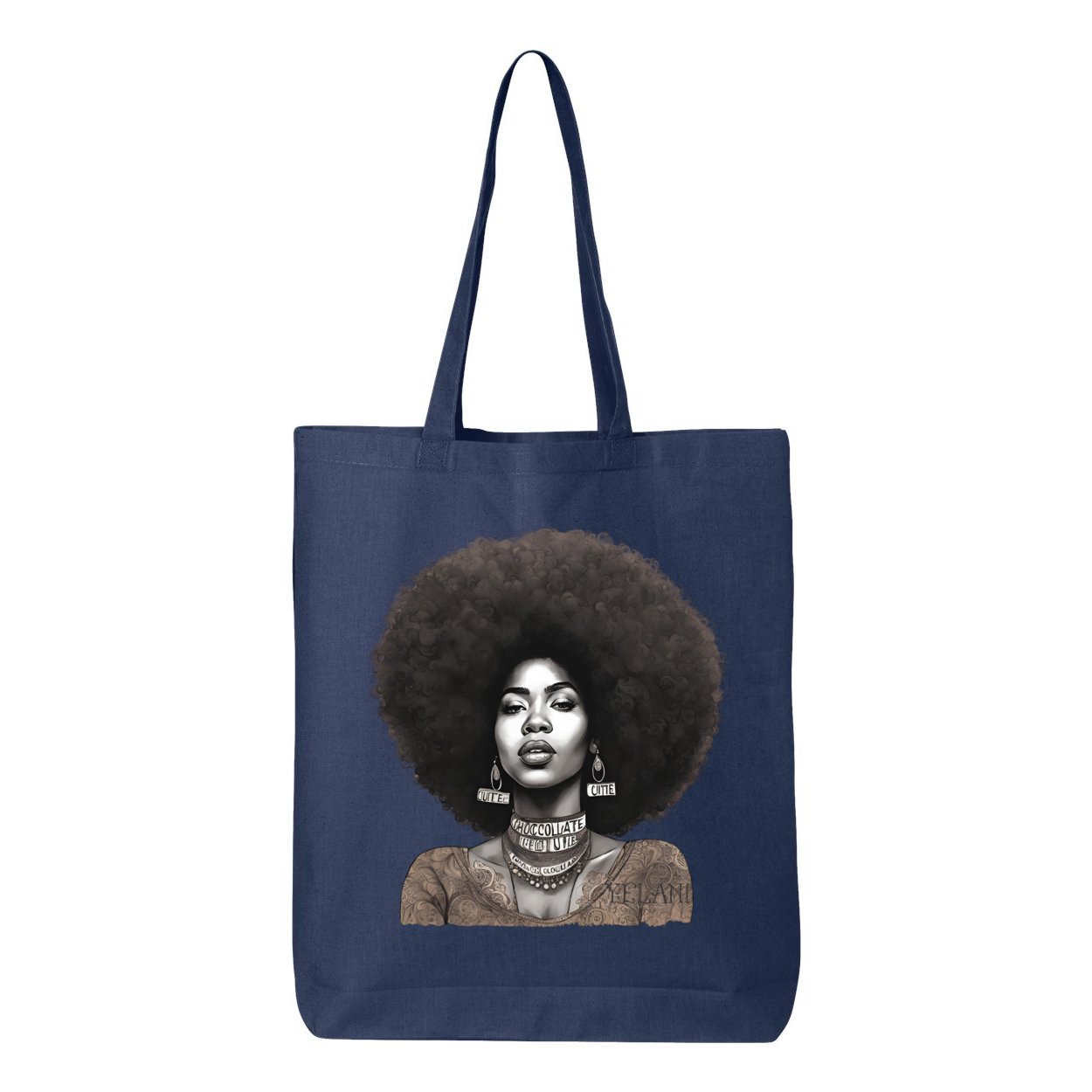 Tote bag with a confident, beautiful woman with an afro on one side and the word 'Peace' on the other, symbolizing empowerment and harmony