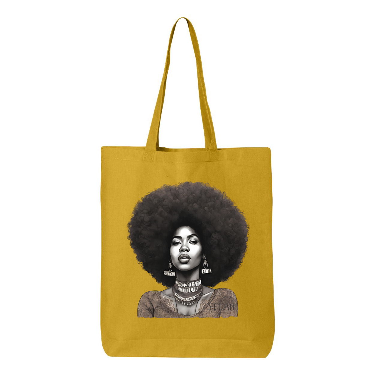 Tote bag with a confident, beautiful woman with an afro on one side and the word 'Peace' on the other, symbolizing empowerment and harmony