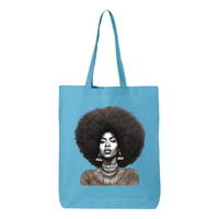 Thumbnail for Tote bag with a confident, beautiful woman with an afro on one side and the word 'Peace' on the other, symbolizing empowerment and harmony