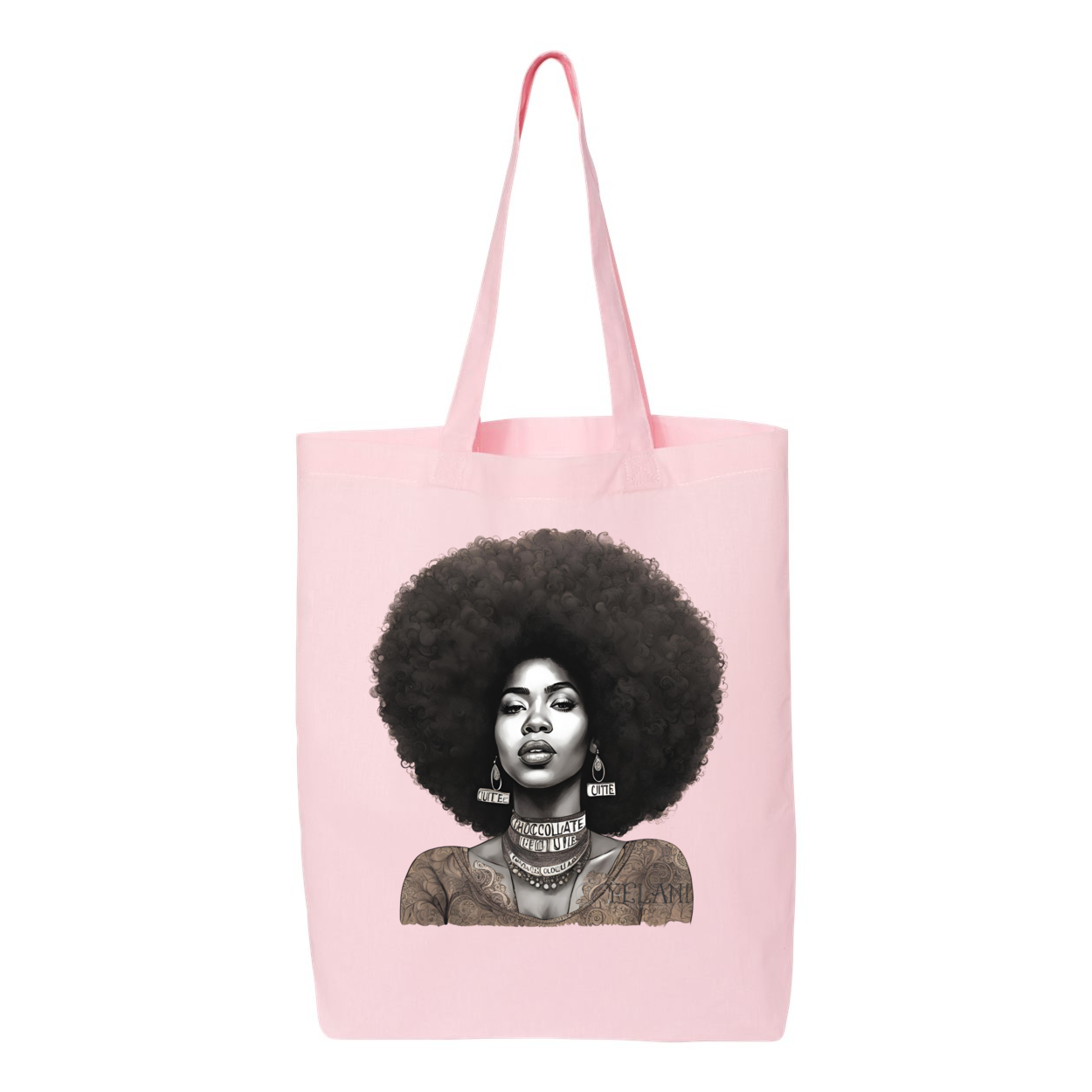 Tote bag with a confident, beautiful woman with an afro on one side and the word 'Peace' on the other, symbolizing empowerment and harmony