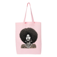 Thumbnail for Tote bag with a confident, beautiful woman with an afro on one side and the word 'Peace' on the other, symbolizing empowerment and harmony