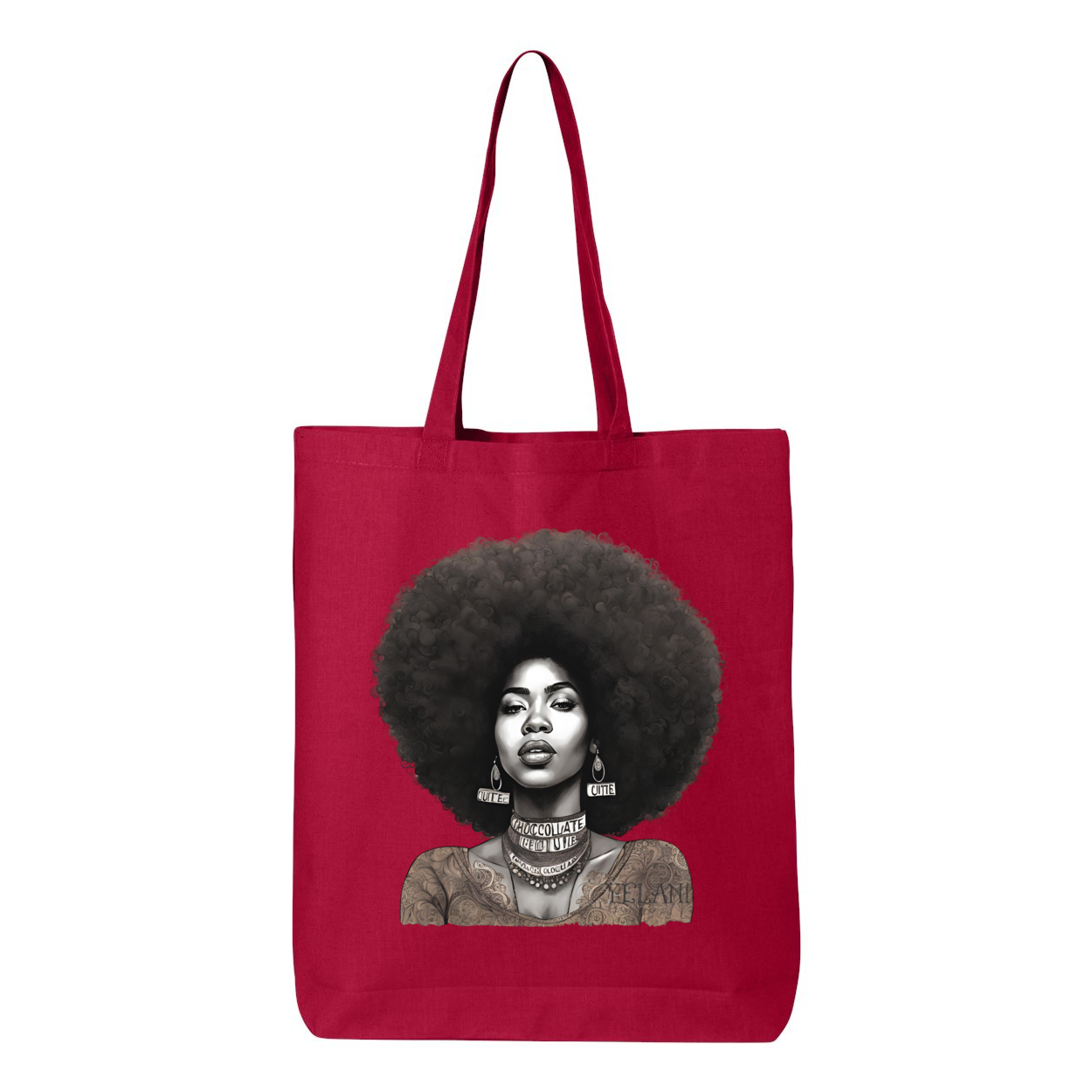 Tote bag with a confident, beautiful woman with an afro on one side and the word 'Peace' on the other, symbolizing empowerment and harmony