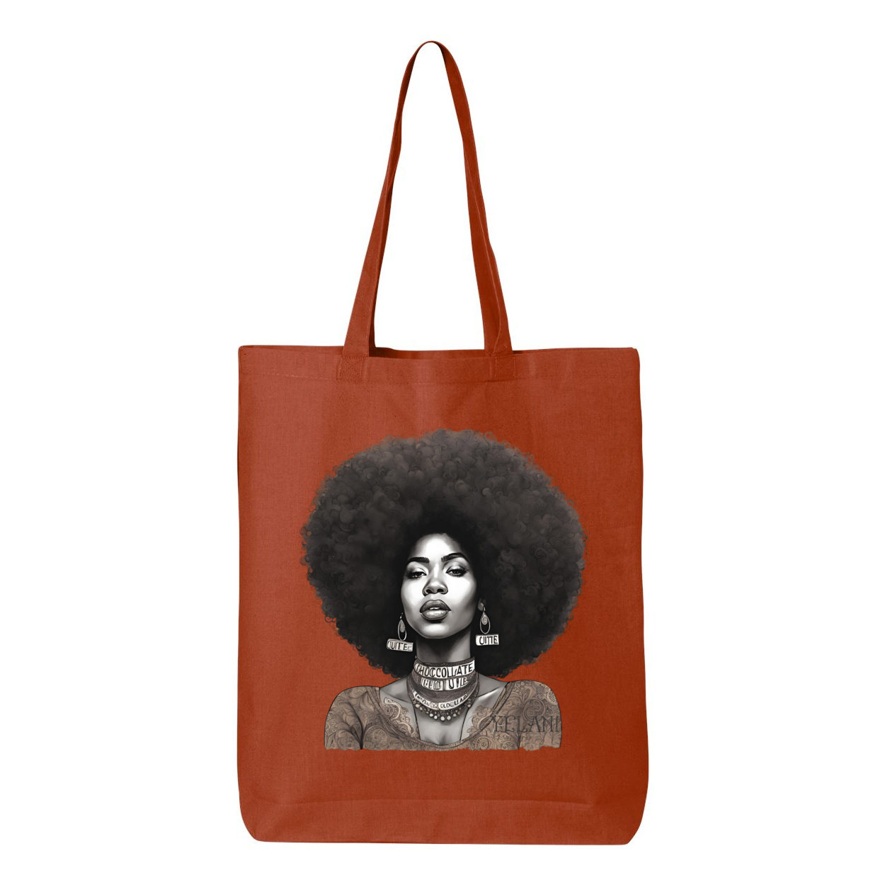 Tote bag with a confident, beautiful woman with an afro on one side and the word 'Peace' on the other, symbolizing empowerment and harmony