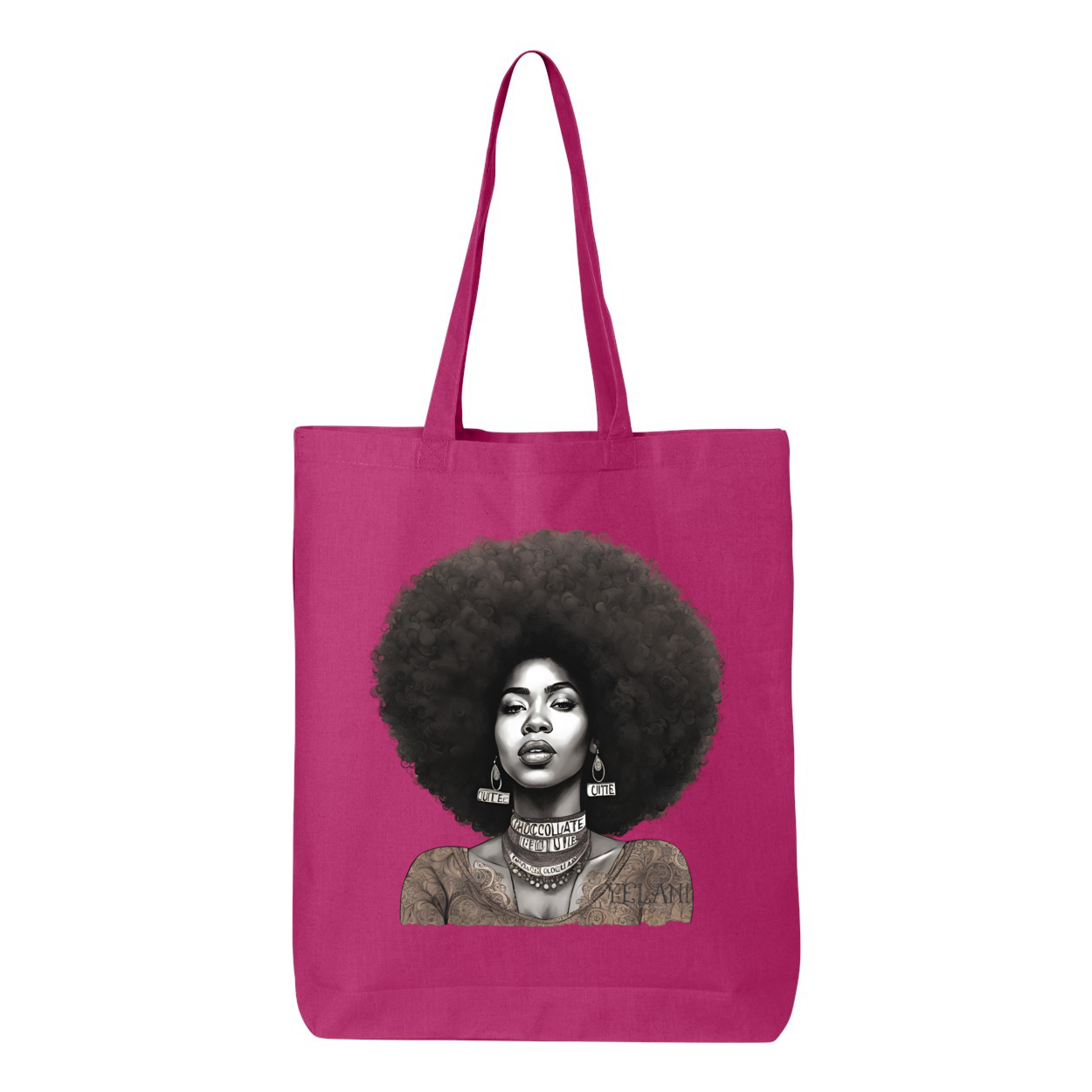 Tote bag with a confident, beautiful woman with an afro on one side and the word 'Peace' on the other, symbolizing empowerment and harmony