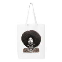 Thumbnail for Tote bag with a confident, beautiful woman with an afro on one side and the word 'Peace' on the other, symbolizing empowerment and harmony