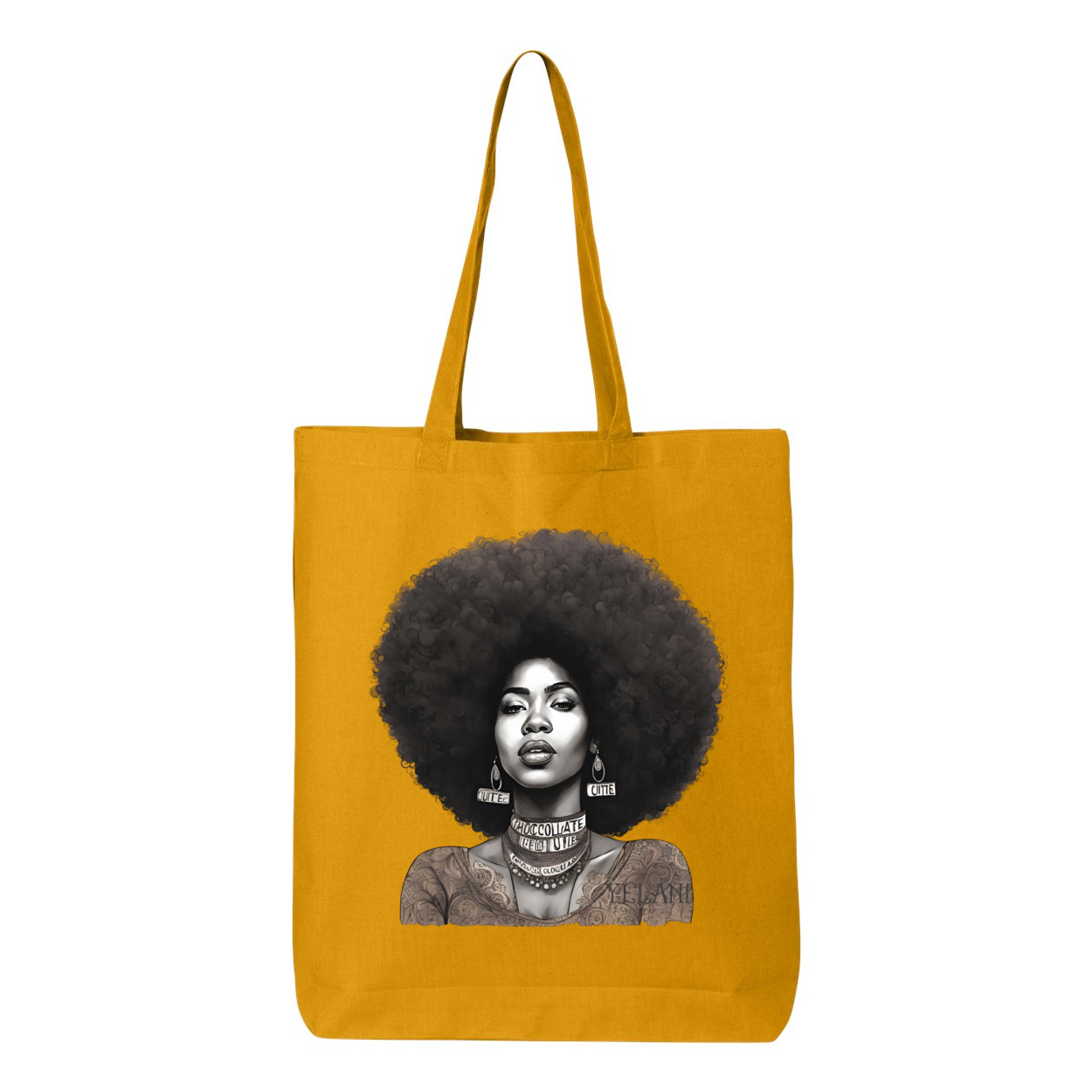 Tote bag with a confident, beautiful woman with an afro on one side and the word 'Peace' on the other, symbolizing empowerment and harmony