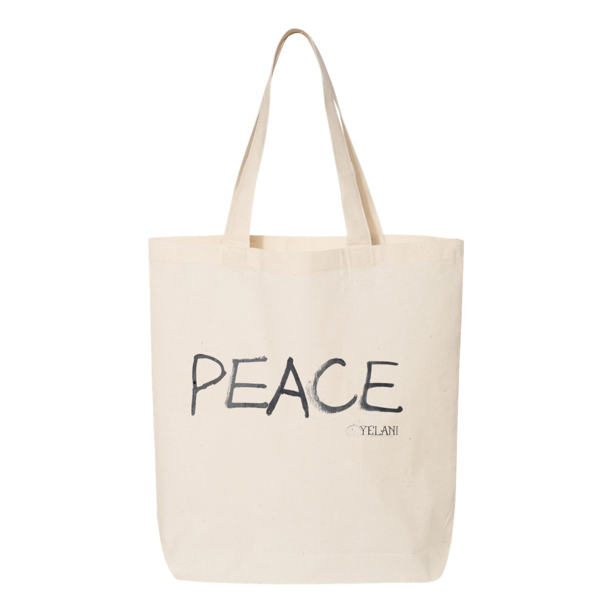 Tote bag with a confident, beautiful woman with an afro on one side and the word 'Peace' on the other, symbolizing empowerment and harmony