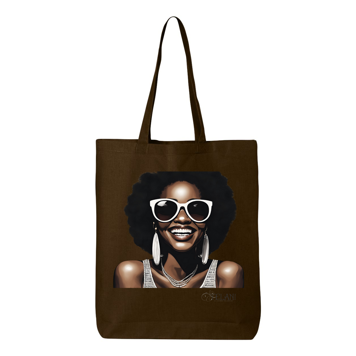 Hi There! Gusseted tote bag featuring an illustration of a beautiful woman with sunglasses and an afro.