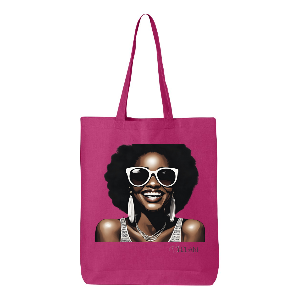 Hi There! Gusseted tote bag featuring an illustration of a beautiful woman with sunglasses and an afro.