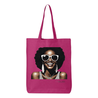 Thumbnail for Hi There! Gusseted tote bag featuring an illustration of a beautiful woman with sunglasses and an afro.