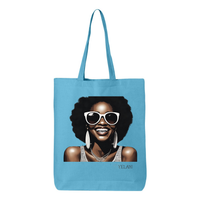 Thumbnail for Hi There! Gusseted tote bag featuring an illustration of a beautiful woman with sunglasses and an afro.