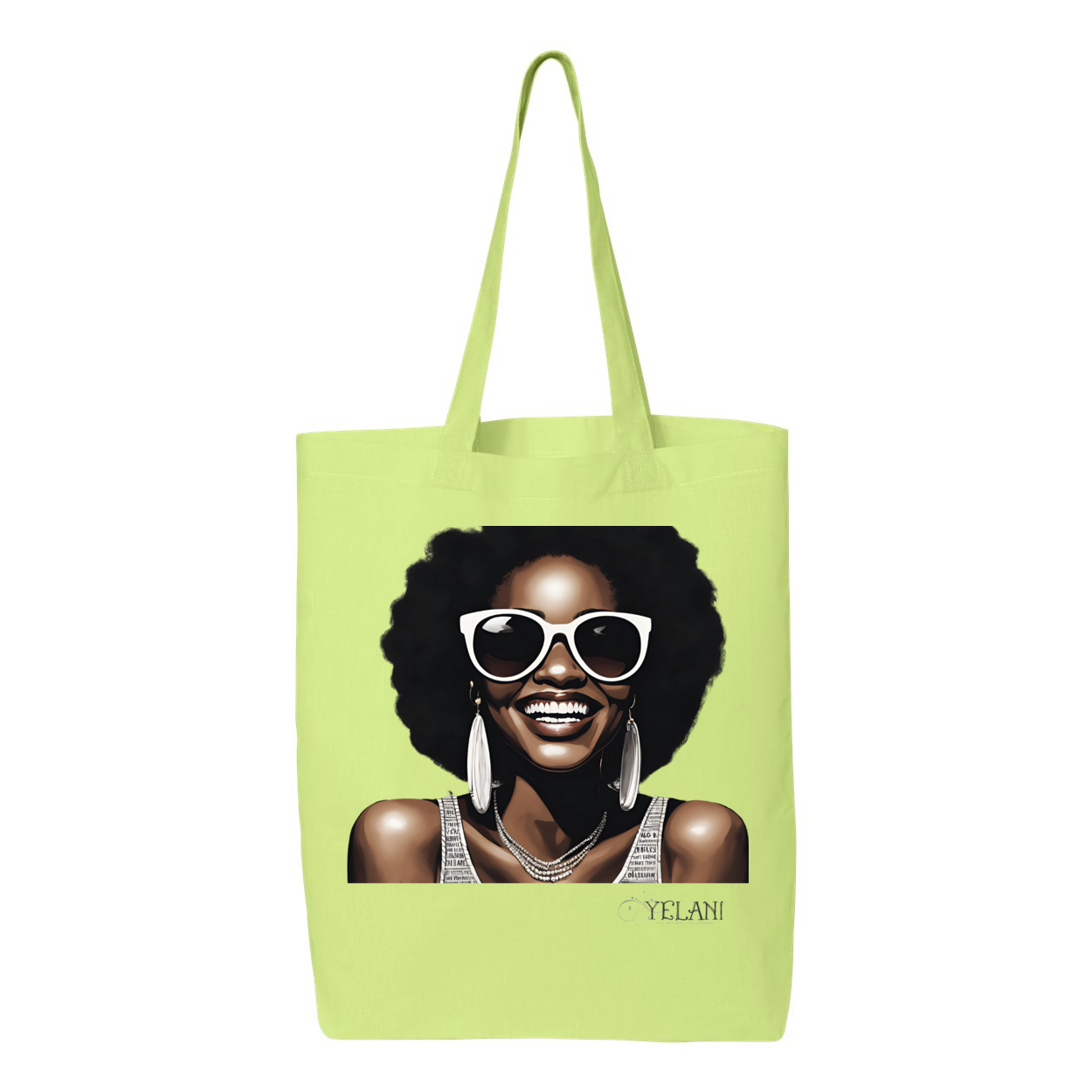 Hi There! Gusseted tote bag featuring an illustration of a beautiful woman with sunglasses and an afro.