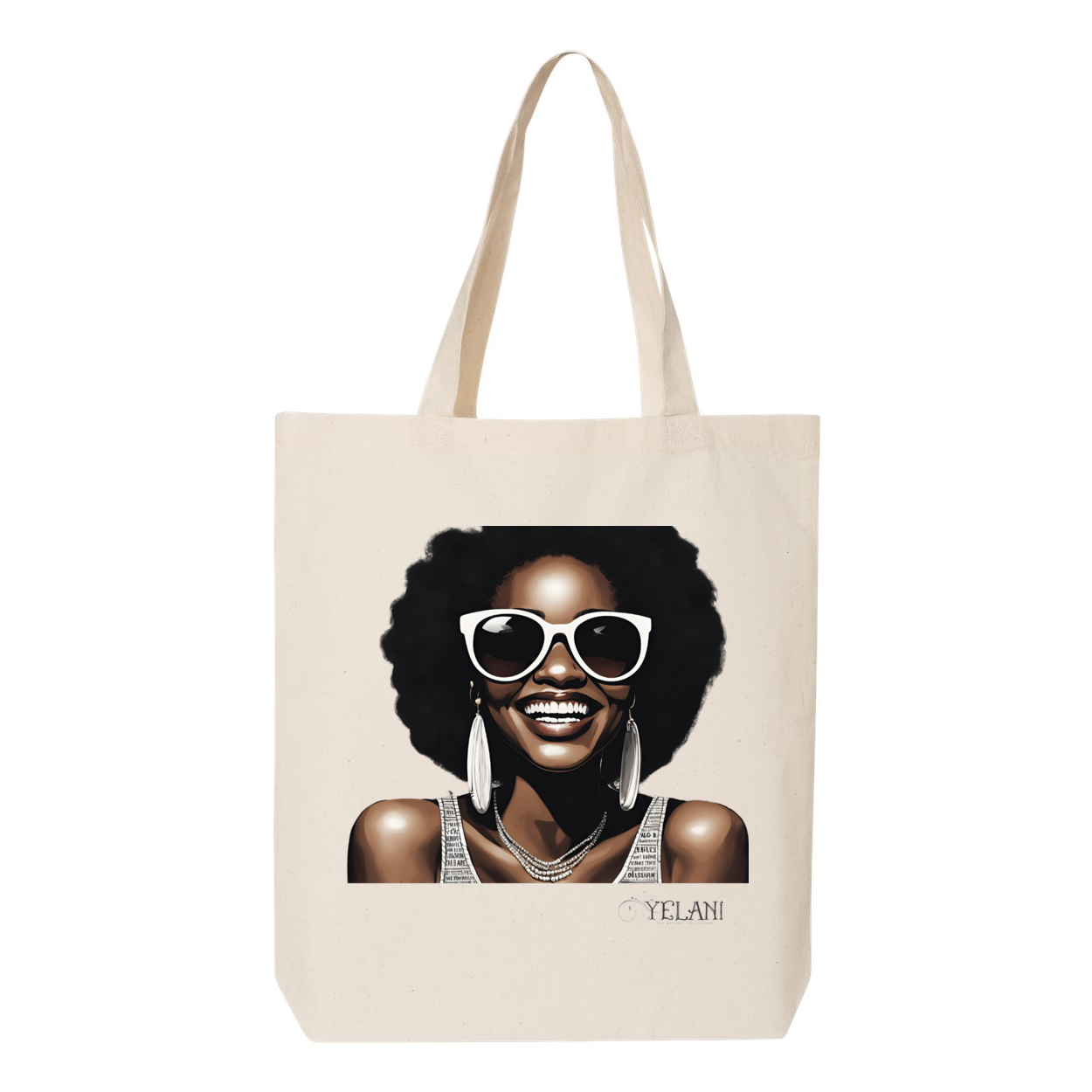 Hi There! Gusseted tote bag featuring an illustration of a beautiful woman with sunglasses and an afro.