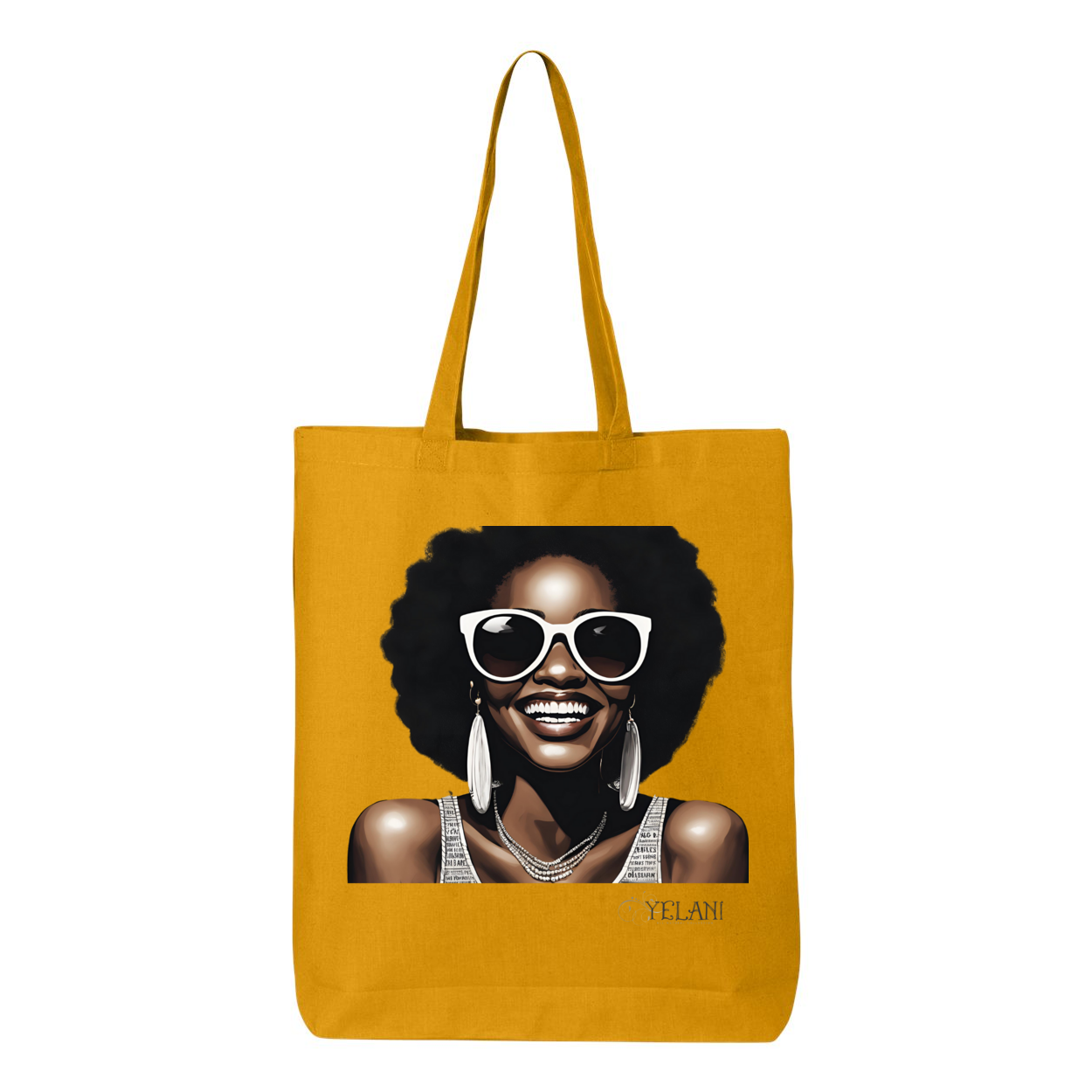 Hi There! Gusseted tote bag featuring an illustration of a beautiful woman with sunglasses and an afro.