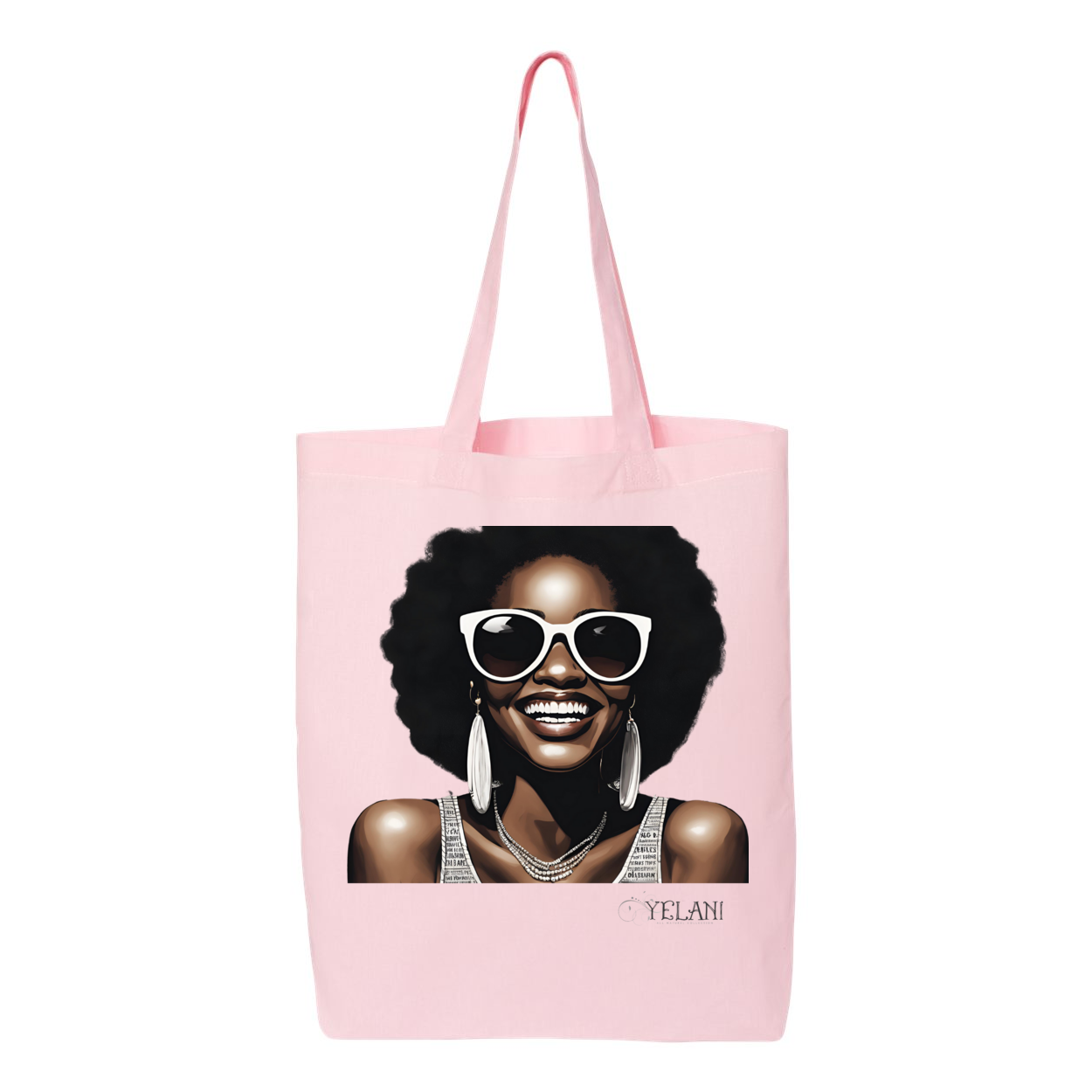 Hi There! Gusseted tote bag featuring an illustration of a beautiful woman with sunglasses and an afro.