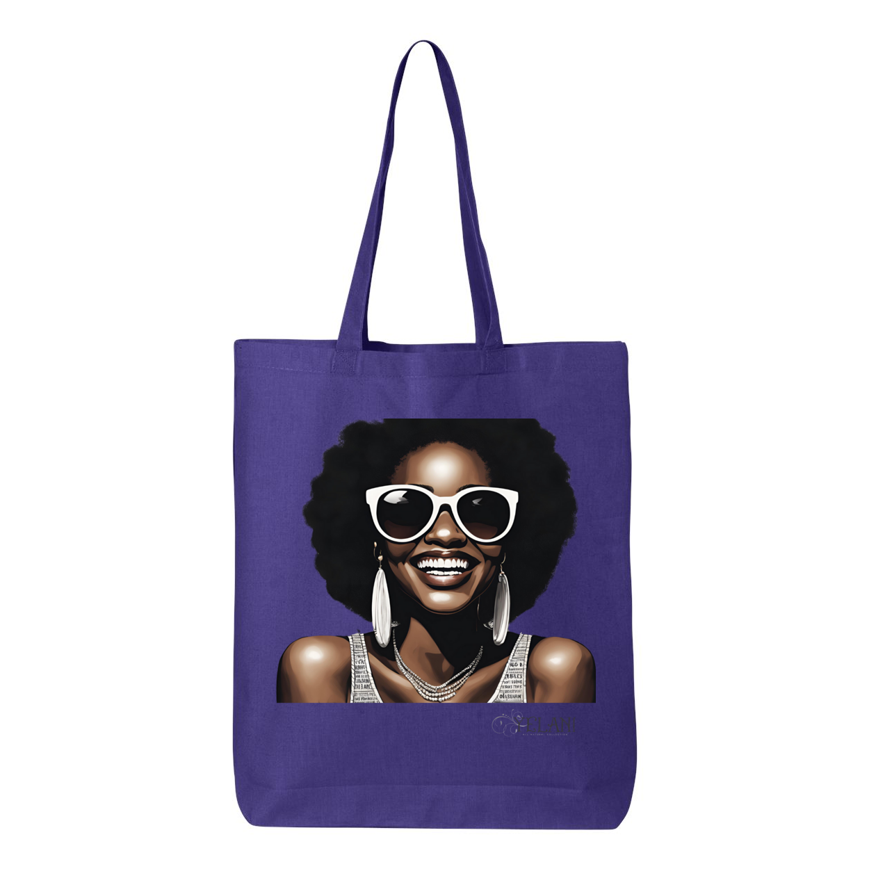 Hi There! Gusseted tote bag featuring an illustration of a beautiful woman with sunglasses and an afro.