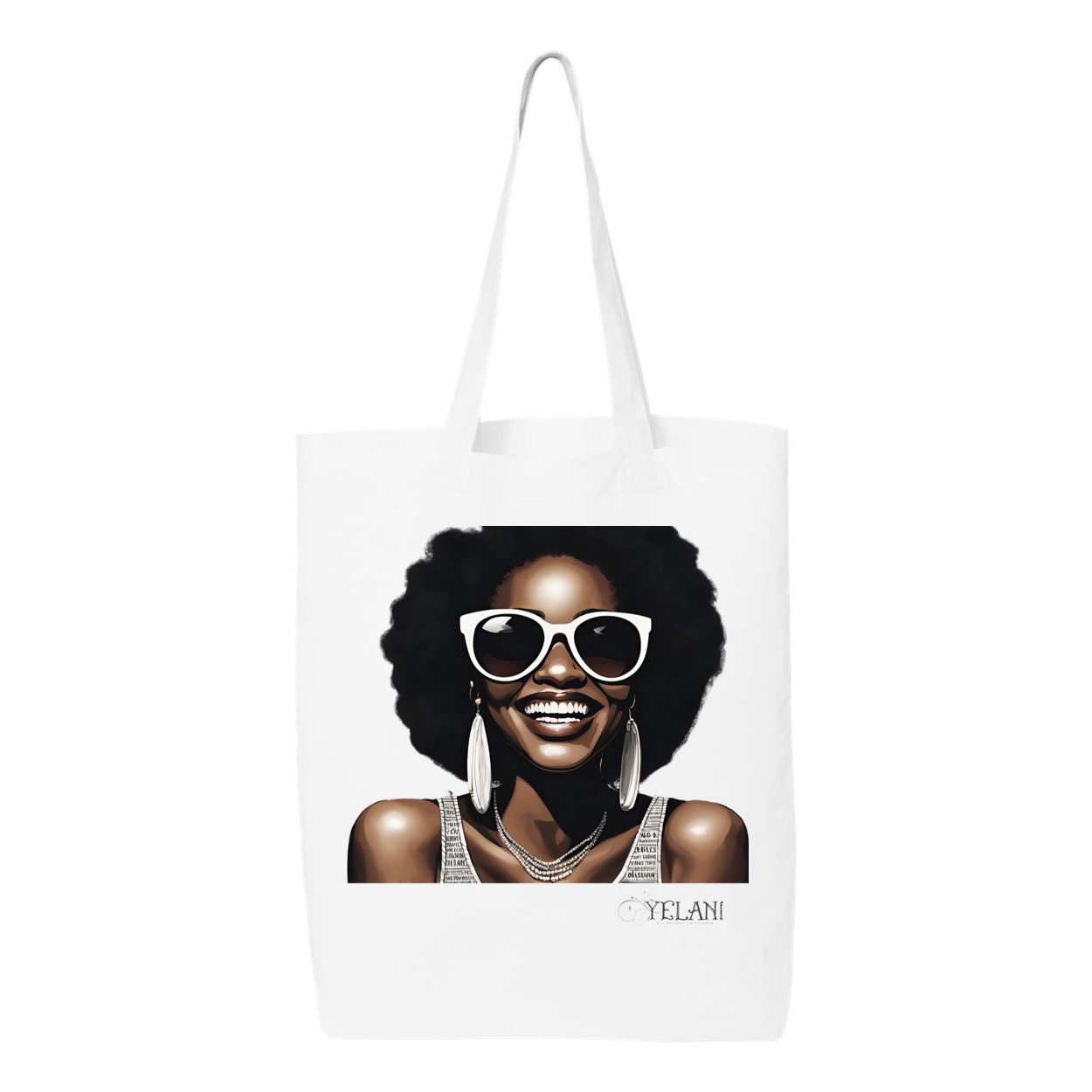 Hi There! Gusseted tote bag featuring an illustration of a beautiful woman with sunglasses and an afro.