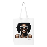 Thumbnail for Hi There! Gusseted tote bag featuring an illustration of a beautiful woman with sunglasses and an afro.