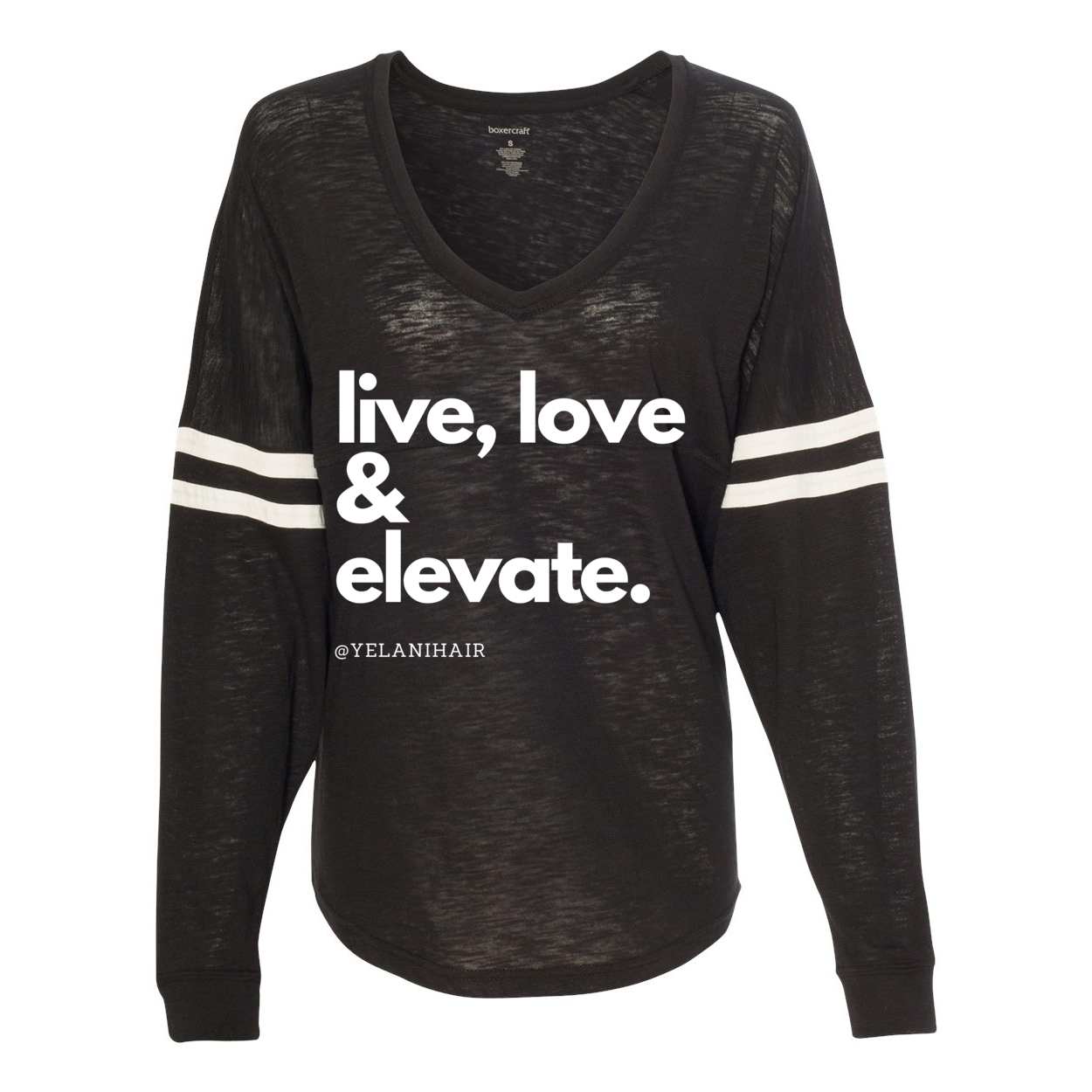 Show your style and positive energy with the 'Live Love & Elevate' VarsiTee V-neck jersey. Designed with two white stripes on the sleeves, this trendy shirt combines comfort and flair. Made from a soft 60/40 cotton/polyester slub jersey blend, it offers a lightweight, breathable fit perfect for casual wear or layering. Whether you're out and about or lounging, the VarsiTee lets you live, love, and elevate your look with ease.