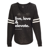 Thumbnail for Show your style and positive energy with the 'Live Love & Elevate' VarsiTee V-neck jersey. Designed with two white stripes on the sleeves, this trendy shirt combines comfort and flair. Made from a soft 60/40 cotton/polyester slub jersey blend, it offers a lightweight, breathable fit perfect for casual wear or layering. Whether you're out and about or lounging, the VarsiTee lets you live, love, and elevate your look with ease.