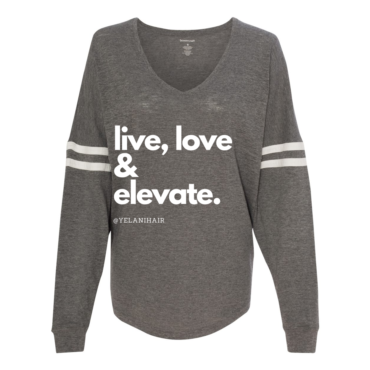 Show your style and positive energy with the 'Live Love & Elevate' VarsiTee V-neck jersey. Designed with two white stripes on the sleeves, this trendy shirt combines comfort and flair. Made from a soft 60/40 cotton/polyester slub jersey blend, it offers a lightweight, breathable fit perfect for casual wear or layering. Whether you're out and about or lounging, the VarsiTee lets you live, love, and elevate your look with ease.