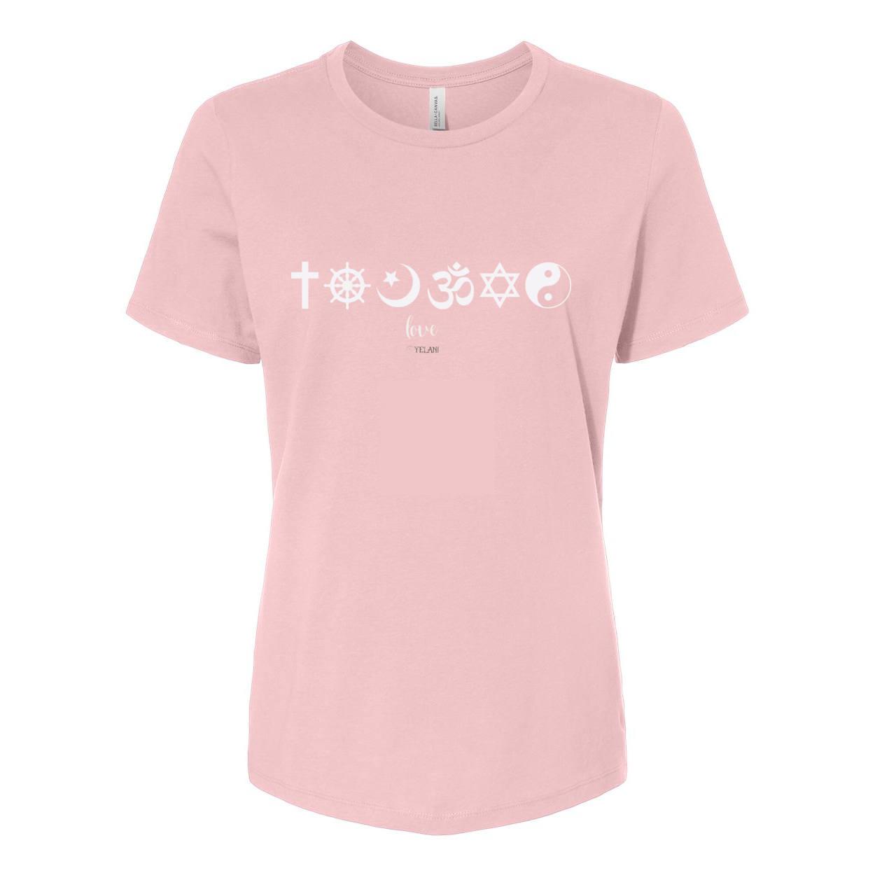 One Love Women's Tee with religious symbols from Christianity, Islam, and Judaism, promoting peace, love, and religious harmony. 100% cotton relaxed fit shirt Pink