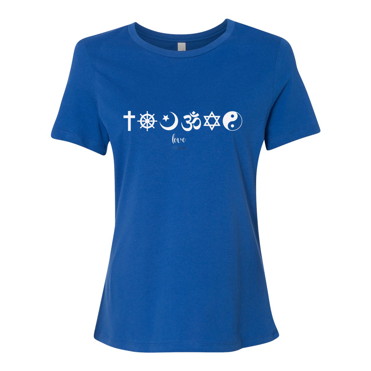 One Love Women's Tee with religious symbols from Christianity, Islam, and Judaism, promoting peace, love, and religious harmony. 100% cotton relaxed fit shirt in Royal Blue.