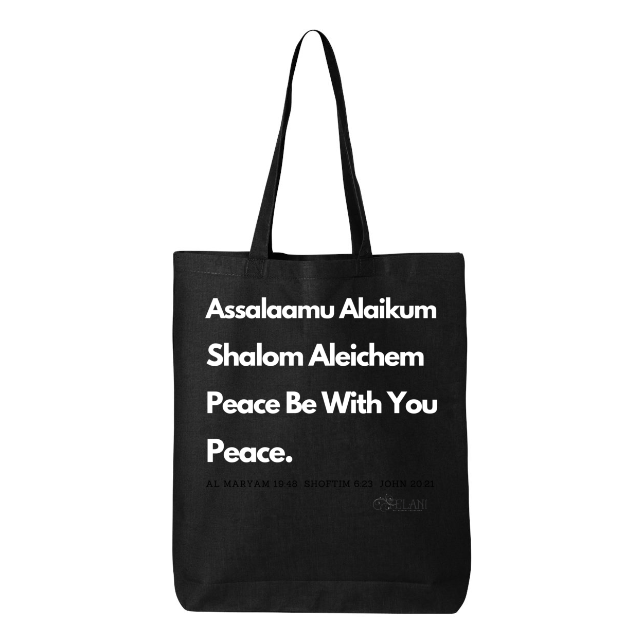 Peace & Blessing Gusseted Tote with religious unity message, featuring 'Assalaam Alaikum' and 'Shalom Aleichem' greetings, and peace references from the Quran, Torah, and Bible.