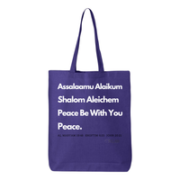 Thumbnail for Peace & Blessing Gusseted Tote with religious unity message, featuring 'Assalaam Alaikum' and 'Shalom Aleichem' greetings, and peace references from the Quran, Torah, and Bible.