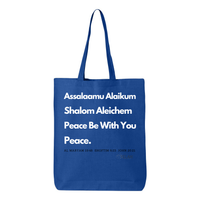 Thumbnail for Peace & Blessing Gusseted Tote with religious unity message, featuring 'Assalaam Alaikum' and 'Shalom Aleichem' greetings, and peace references from the Quran, Torah, and Bible.