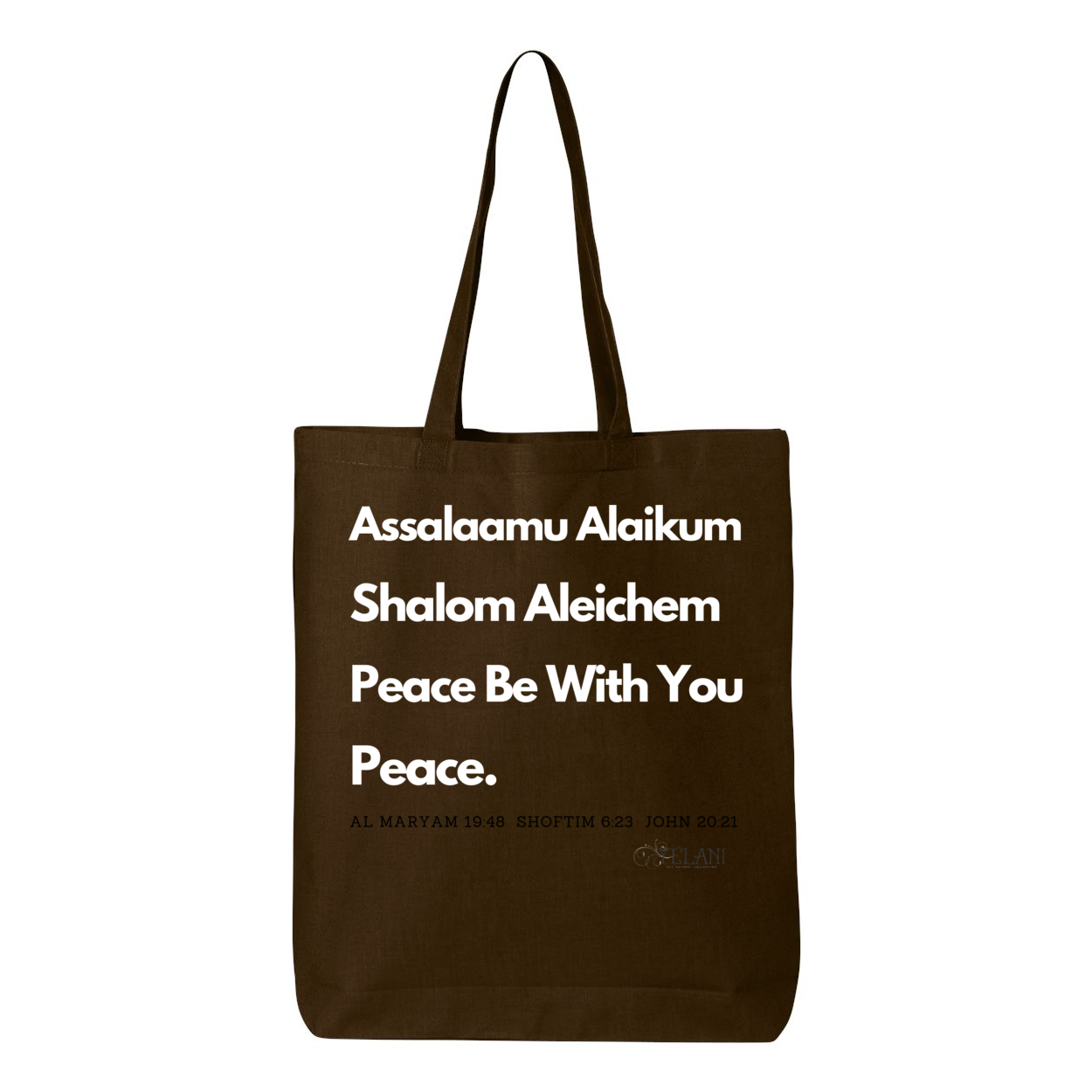 Peace & Blessing Gusseted Tote with religious unity message, featuring 'Assalaam Alaikum' and 'Shalom Aleichem' greetings, and peace references from the Quran, Torah, and Bible.