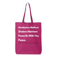 Thumbnail for Peace & Blessing Gusseted Tote with religious unity message, featuring 'Assalaam Alaikum' and 'Shalom Aleichem' greetings, and peace references from the Quran, Torah, and Bible.