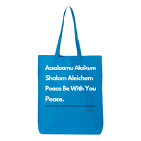 Thumbnail for Peace & Blessing Gusseted Tote with religious unity message, featuring 'Assalaam Alaikum' and 'Shalom Aleichem' greetings, and peace references from the Quran, Torah, and Bible.