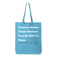 Thumbnail for Peace & Blessing Gusseted Tote with religious unity message, featuring 'Assalaam Alaikum' and 'Shalom Aleichem' greetings, and peace references from the Quran, Torah, and Bible.