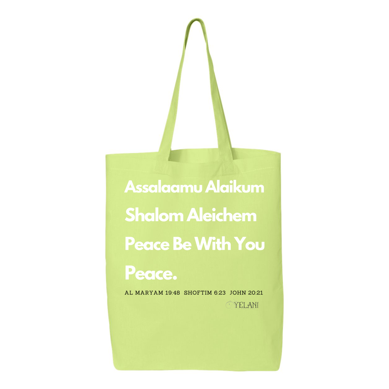 Peace & Blessing Gusseted Tote with religious unity message, featuring 'Assalaam Alaikum' and 'Shalom Aleichem' greetings, and peace references from the Quran, Torah, and Bible.