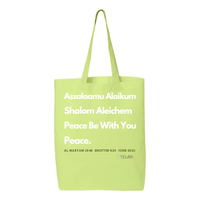 Thumbnail for Peace & Blessing Gusseted Tote with religious unity message, featuring 'Assalaam Alaikum' and 'Shalom Aleichem' greetings, and peace references from the Quran, Torah, and Bible.