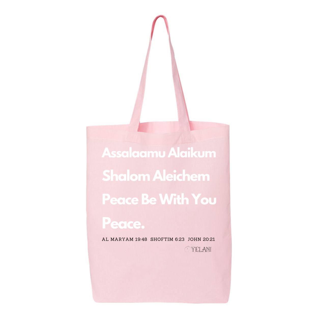 Peace & Blessing Gusseted Tote with religious unity message, featuring 'Assalaam Alaikum' and 'Shalom Aleichem' greetings, and peace references from the Quran, Torah, and Bible.