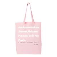 Thumbnail for Peace & Blessing Gusseted Tote with religious unity message, featuring 'Assalaam Alaikum' and 'Shalom Aleichem' greetings, and peace references from the Quran, Torah, and Bible.