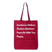 Thumbnail for Peace & Blessing Gusseted Tote with religious unity message, featuring 'Assalaam Alaikum' and 'Shalom Aleichem' greetings, and peace references from the Quran, Torah, and Bible.