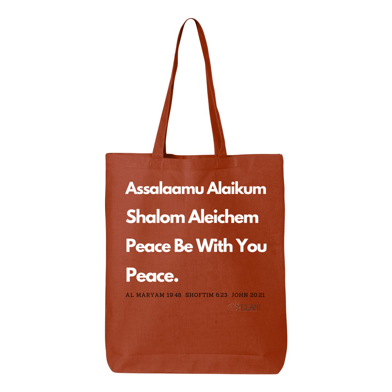 Peace & Blessing Gusseted Tote with religious unity message, featuring 'Assalaam Alaikum' and 'Shalom Aleichem' greetings, and peace references from the Quran, Torah, and Bible.