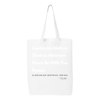 Thumbnail for Peace & Blessing Gusseted Tote with religious unity message, featuring 'Assalaam Alaikum' and 'Shalom Aleichem' greetings, and peace references from the Quran, Torah, and Bible.