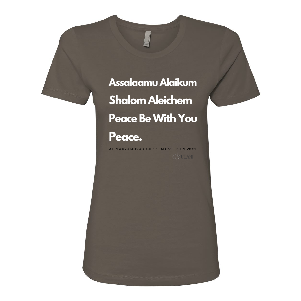 Peace & Blessing Women's Boyfriend Tee featuring unity message with 'Assalaam Alaikum' and 'Shalom Aleichem' greetings.