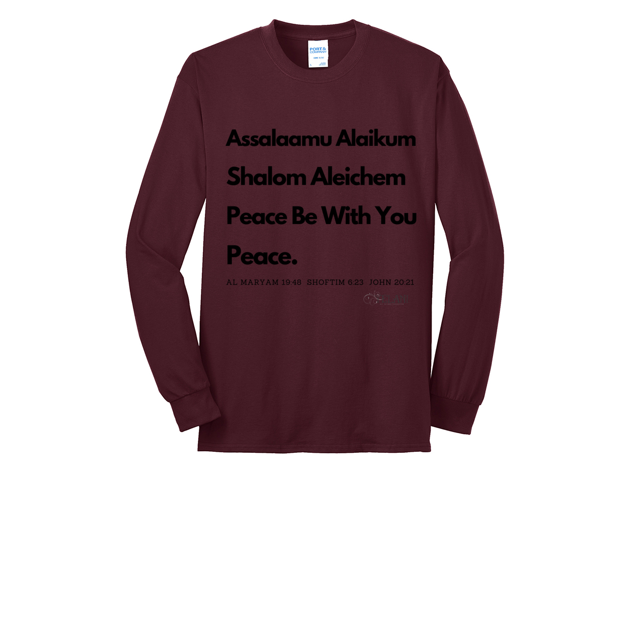 Peace & Blessings Men's Long Sleeve Tee featuring the greeting of the prophets in Arabic, Hebrew, and English. A comfortable and durable core blend tee, ideal for promoting interfaith harmony and respect. This shirt displays the timeless message of peace and blessings from different cultures and faith traditions. Maroon