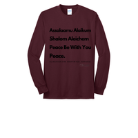 Thumbnail for Peace & Blessings Men's Long Sleeve Tee featuring the greeting of the prophets in Arabic, Hebrew, and English. A comfortable and durable core blend tee, ideal for promoting interfaith harmony and respect. This shirt displays the timeless message of peace and blessings from different cultures and faith traditions. Maroon