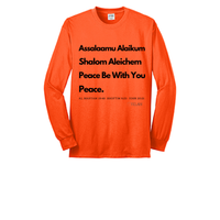 Thumbnail for Peace & Blessings Men's Long Sleeve Tee featuring the greeting of the prophets in Arabic, Hebrew, and English. A comfortable and durable core blend tee, ideal for promoting interfaith harmony and respect. This shirt displays the timeless message of peace and blessings from different cultures and faith traditions. Orange